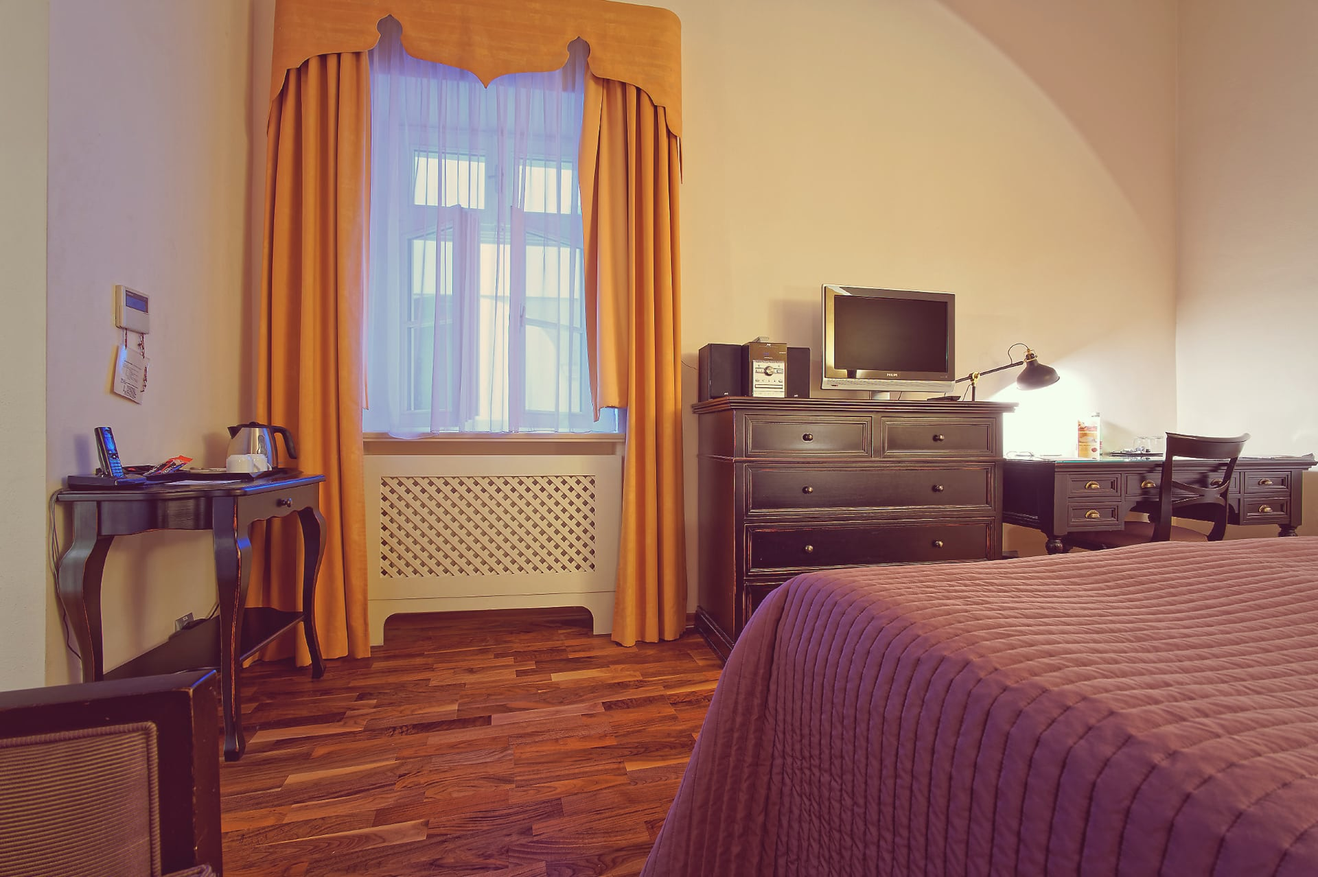 In-room amenities set by the window in a single room at SKARITZ Hotel Bratislava