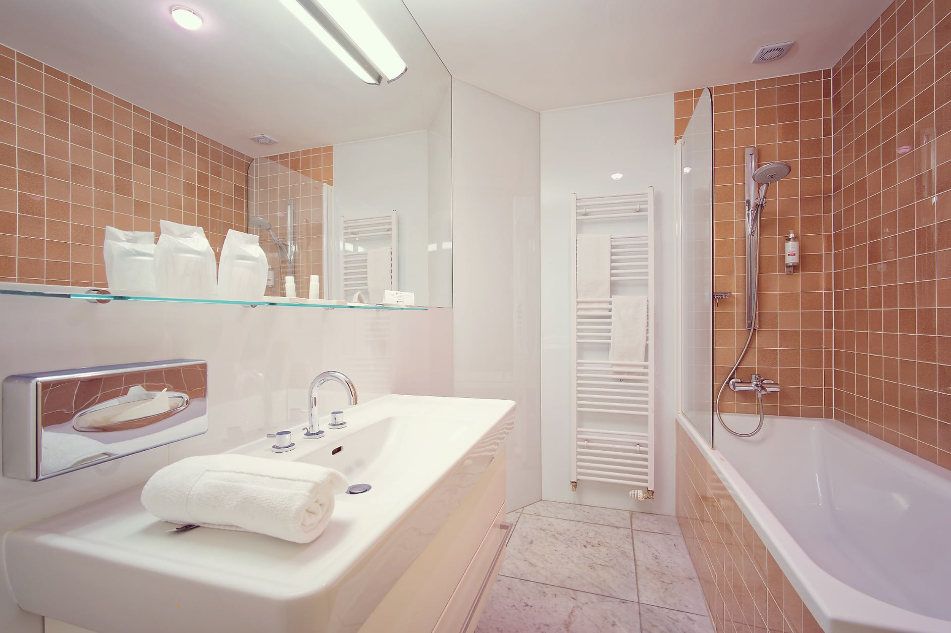 Bathtub in the single room bathroom at SKARITZ Hotel Bratislava